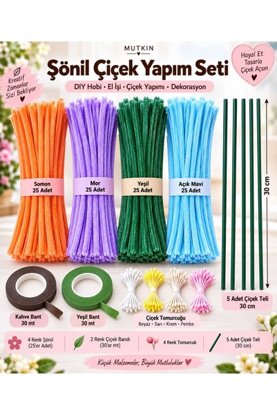Mutkin 100 Adet 30 cm Soft Dolgun Şönil Tel Çiçek Yapım Seti 4 Renk – Bant, T...