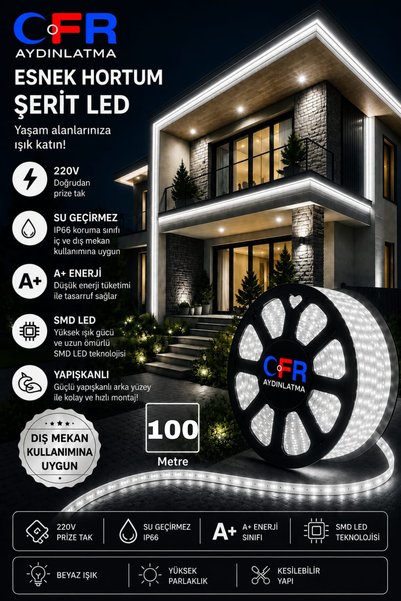 CFR Hortum Esnek Şerit Led Beyaz ,Günışığı,Amber,Kırmızı,Mavi Rengi + 220v Fi...