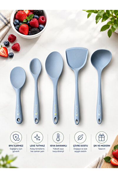 elfnur 5 Parça Isıya Dayanıklı Silikon Kepçe Spatula Kaşık Seti (30-28-22-20 Cm