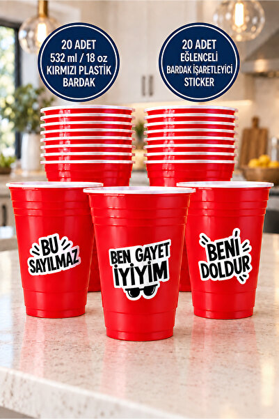 Arbolos Kırmızı Plastik Kokteyl Soğuk İçecek Parti Bardağı 532 ml/18 oz 20 Ad...