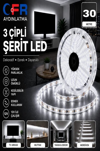 CFR LED AYDINLATMA 3 Çipli Iç Mekan 12V Şerit Led Beyaz,Günışığı,Amber,Mavi,K...