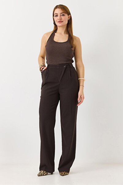 Juuuj Brown Woven Fabric High Waist Comfortable Cut Cross Button Detailed Tro...