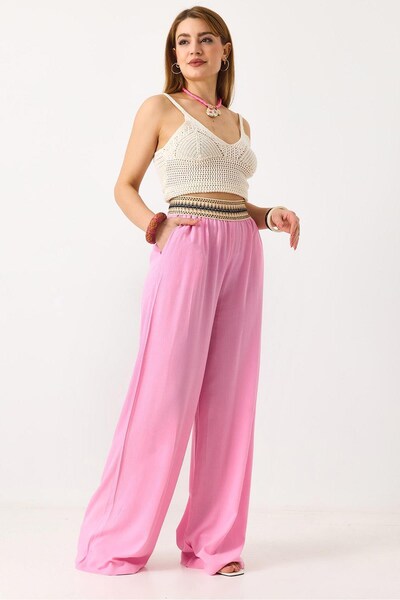 Juuuj Pink Linen Textured Ethnic Pattern Elastic Waist Loose Cut Wide Leg Com...