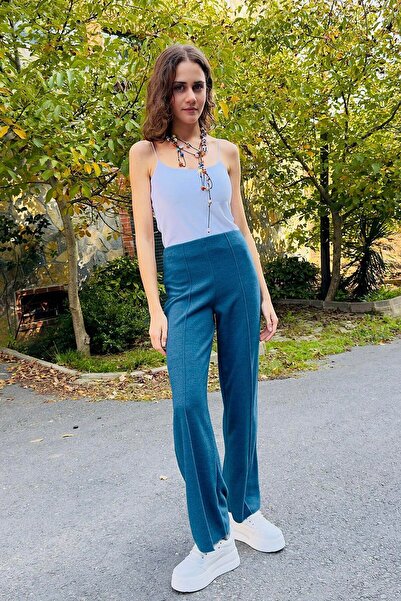 Juuuj Blue Lycra Knitted Fabric High Waist Straight Cut Comfortable Form-Fitt...