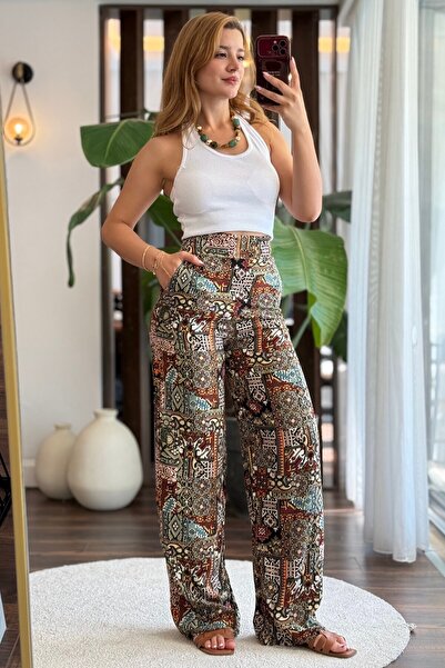 Juuuj Brown Viscose Fabric Semi-Elastic Waist Loose Cut Mixed Patterned Pocke...