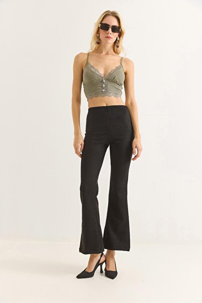Juuuj Black Suede Textured High Waist Spanish Leg Slim Fit Flexible Form Pants