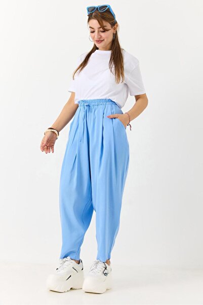 Juuuj Blue Woven Fabric Elastic High Waist Loose Cut Lace-Up Shalwar Type Tro...