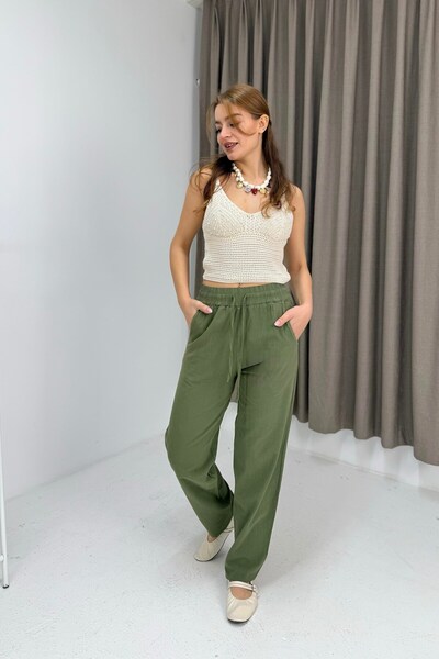 Juuuj Green Canvas Fabric, Elastic Waist, Adjustable Lace-Up, Side Pockets, R...