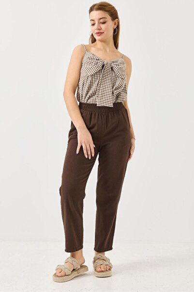 Juuuj Brown Canvas Fabric Mom Form Trousers with Elastic Waist and Adjustable...