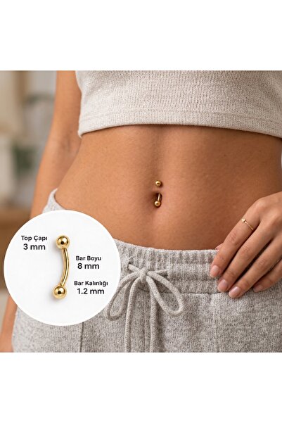 Heppii Cerrahi Çelik 8 mm İki Ucu Toplu Minimal Göbek Piercingi Gold Renkli