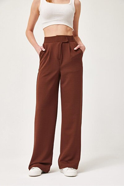 Juuuj Brown Stretchy Textured Waistband with Velcro Comfortable Cut Wide Leg ...