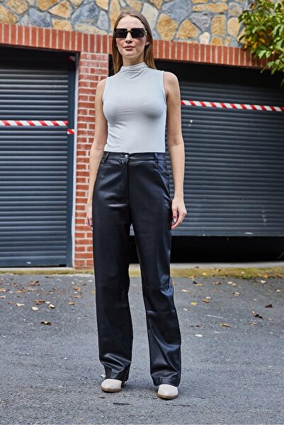Juuuj Black Faux Leather High Waist Wide Leg Full-Fit Trousers with Pockets a...