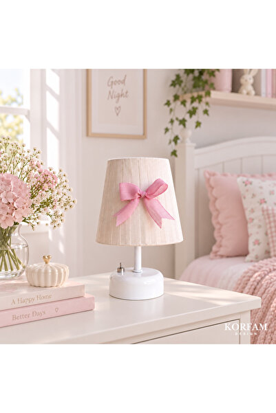 KorFam Krem & Pembe Keten Kumaş Kız Çocuk Odası Pilli Masa & Gece Lambası