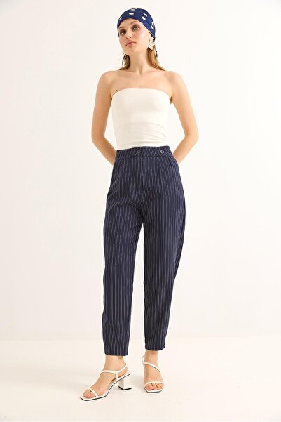 Juuuj Navy Blue Striped Carrot Model Double Button Palazzo High Waist Detaile...