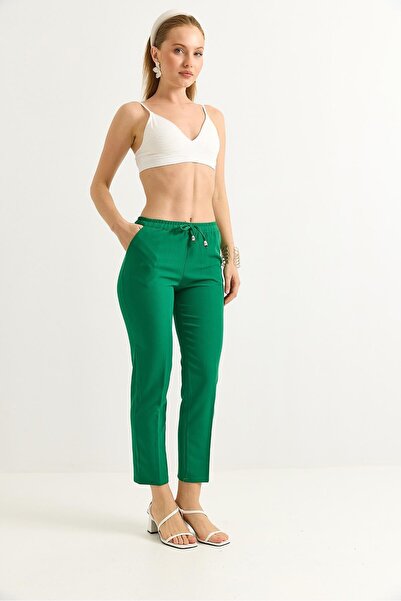 Juuuj Green Crepe Fabric Elastic Waist Lace-Up Short-Legged Trousers with Dou...