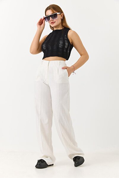 Juuuj Black Striped Fabric Comfortable Cut Pants with Elastic Waist and Adjus...