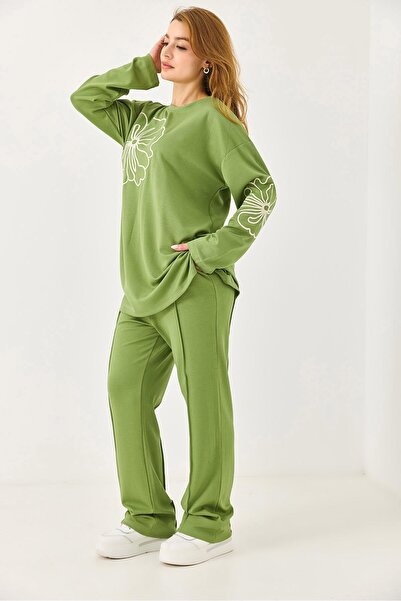 Juuuj Green Knitted Fabric, Flexible Waist, Embroidery Detail, Oversized Wide...