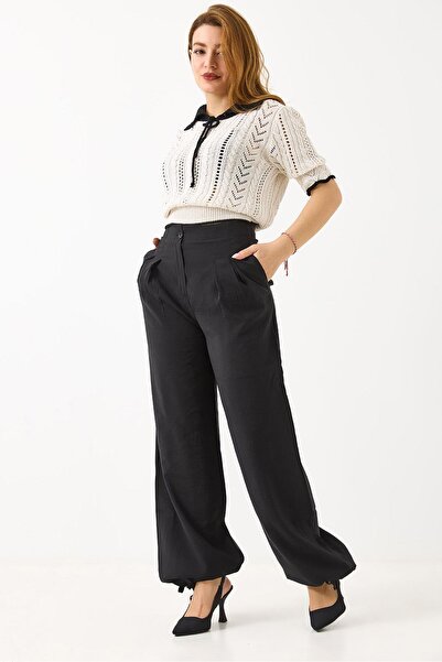 Juuuj Black Elastic Waist Adjustable Tie-Waist Casual Palazzo Wide-Cut Trousers