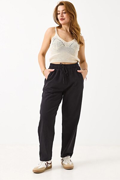 Juuuj Black Canvas Fabric Elastic Waist Lace-Up Comfortable Cut Casual Trouse...