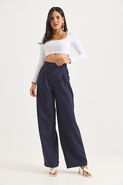 Juuuj Navy Blue Polyester Fabric High Waist Wide Leg Form Line Patterned Wove...