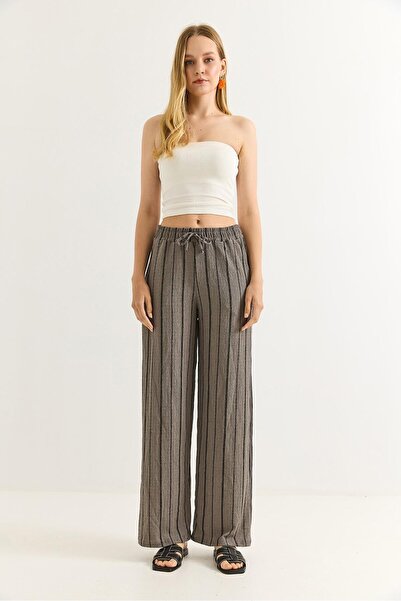 Juuuj Smoked Wrinkled Textured Elastic High Waist Comfortable Cut Vertical St...