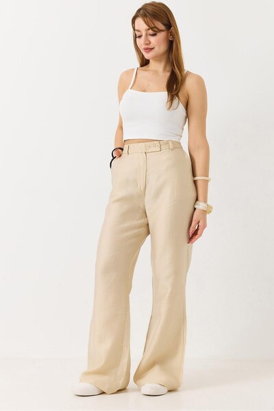 Juuuj Beige Fabric Elastic Waist Flared Trousers with Double Buttons and Adju...
