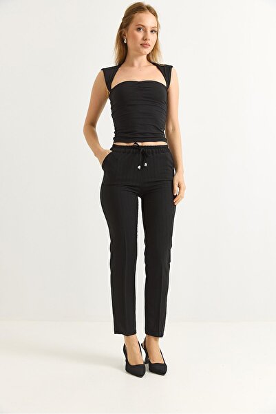 Juuuj Black Crepe Fabric Elastic Waist Lace-Up Detailed Striped Patterned Str...