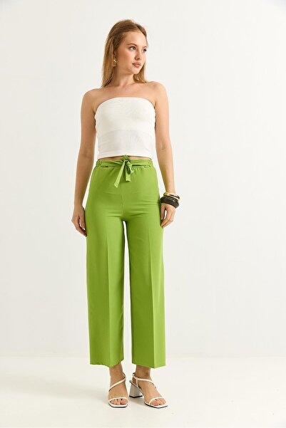 Juuuj Pistachio Green Crepe Fabric Waist Belted Wide Leg High Waist Comfortab...