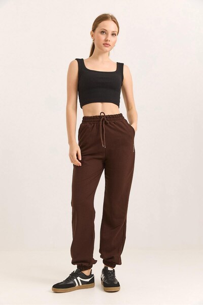Juuuj Brown Two-Strand Stretch Fabric Elastic Waist Printed Pocketed Relaxed ...