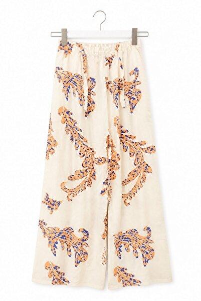 Juuuj Cream Viscose Fabric, Elastic Waist, Loose Cut, Self-Waisted, Mixed Pat...