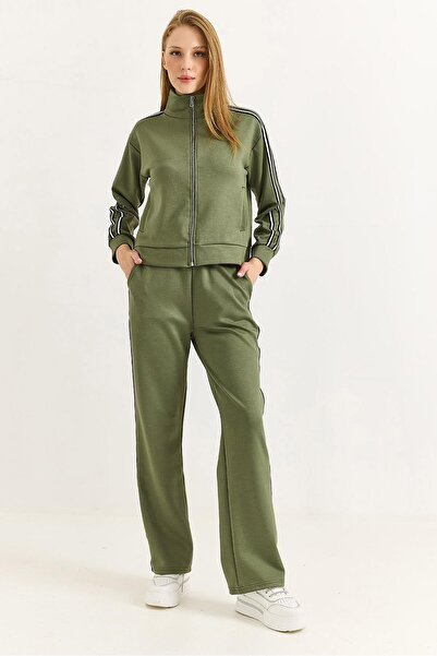 Juuuj Green Modal Stretch Fabric High Waist Straight Cut Side Stripe Detailed...