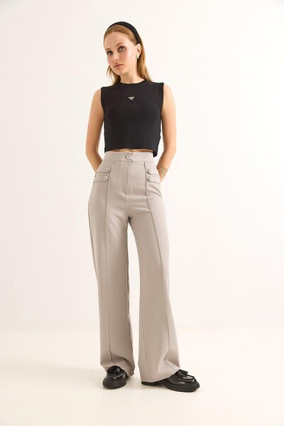 Juuuj Gray Woven Fabric High Waist Wide Leg Pants with Button Detail on the S...