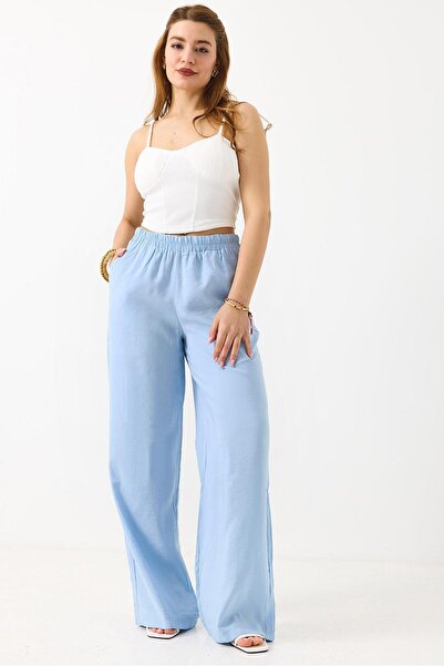Juuuj Light Blue Tencel Fabric Comfortable Loose-Fit Trousers with Elastic Wa...