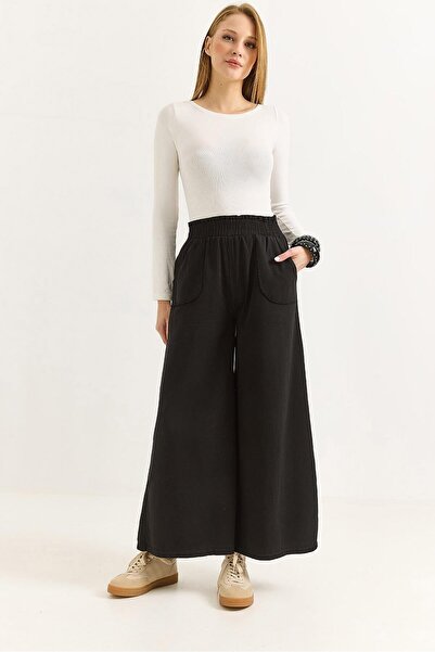 Juuuj Black Stretchy Textured Elastic High Waist Wide Leg Pockets Stitching D...