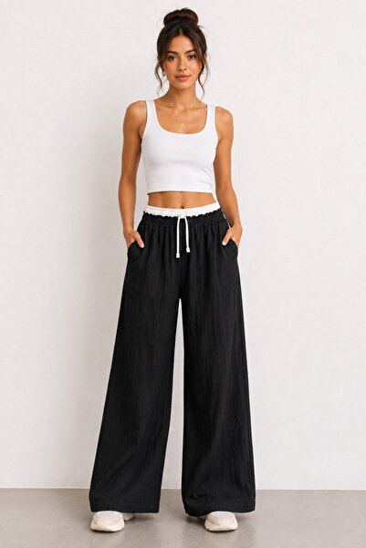 Juuuj Black Cotton Muslin Fabric Wide-Leg Comfortable Cut Pants with Elastic ...