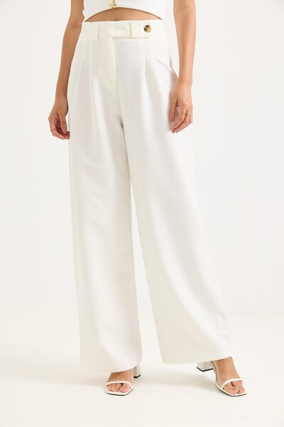 Juuuj White Polyester Fabric High Waist Wide Leg Button Detailed Relaxed Fit ...