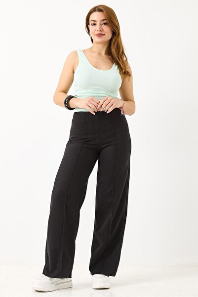 Juuuj Black Knitted Stretch Fabric High Waist Straight Cut Lycra Trousers wit...