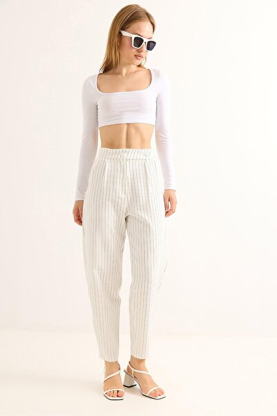 Juuuj White Striped Patterned High Waist Carrot Model Double Button Palazzo F...
