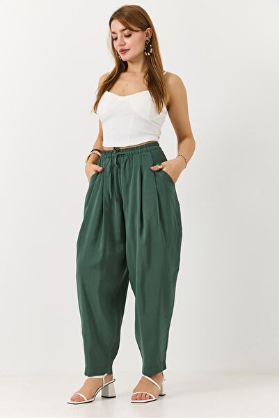 Juuuj Green Viscose Textured Elastic High Waist Loose Cut Lace-Up Shalwar Typ...