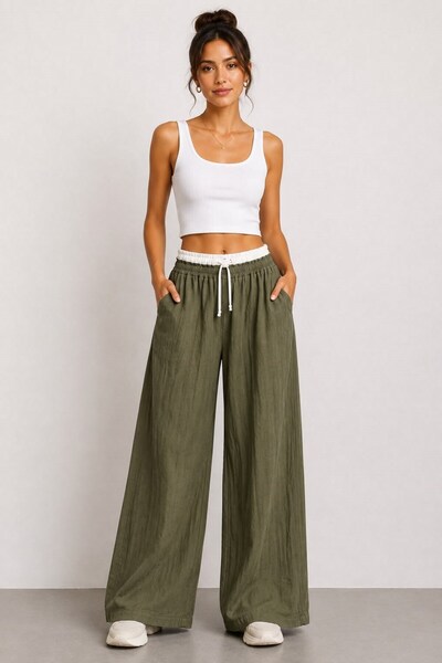 Juuuj Khaki Cotton Muslin Fabric, Elastic Waist, Tie Detail, Side Pockets, Co...