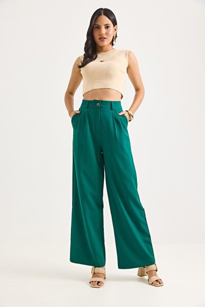 Juuuj Green Woven Fabric High Waist Wide Leg Comfortable Cut Pants Suitable f...