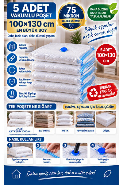 Beyyine Home Vakumlu Saklama Poşet Seti (5 Adet 100 cm x 130 cm) Yorgan, Döşe...
