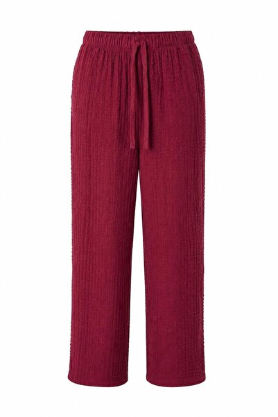 Juuuj Burgundy Wrinkled Textured Elastic Waist Comfortable Cut Polyester Fabr...