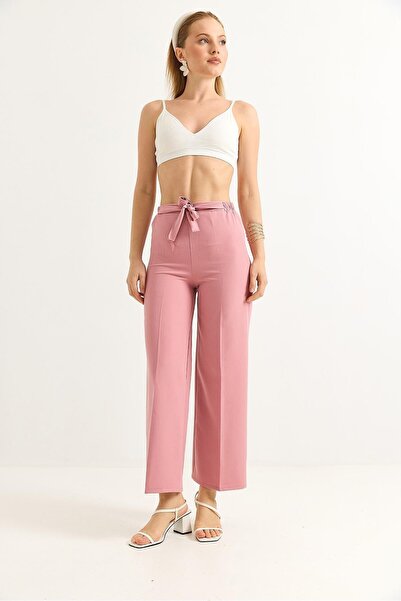 Juuuj Dusty Rose Crepe Fabric Waist Belted Loose Wide Leg Relaxed Fit Trousers