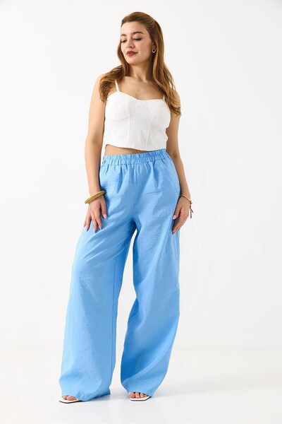 Juuuj Blue Tencel Fabric, Elastic Waist, Comfortable, Loose Cut, Wide Leg Pan...