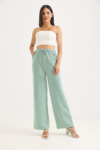 Juuuj Green Camisole Fabric Waist-Tied Wide-Leg Elastic Patterned Trousers