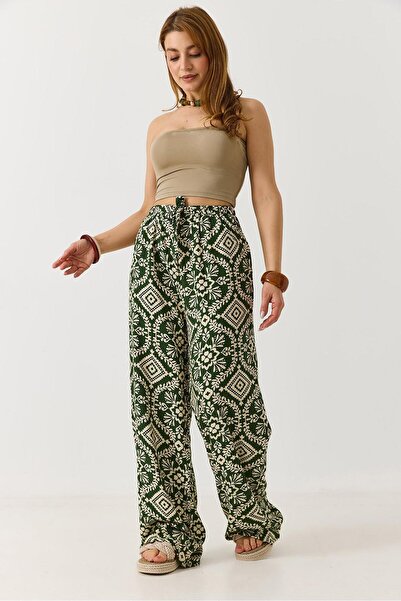 Juuuj Green Viscose Fabric Adjustable Elastic Waist Loose Cut Ethnic Patterne...