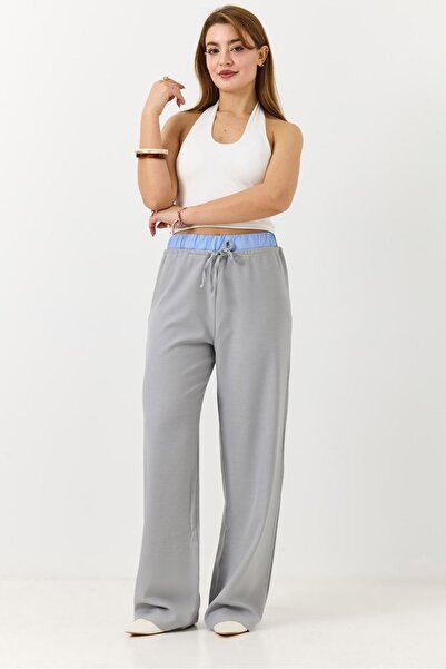 Juuuj Gray Stretchy Textured High Waist Trousers with Decorative Detailing an...