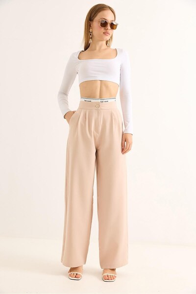 Juuuj Mink Woven Fabric High Waist Wide Leg Belted Palazzo Form Trousers