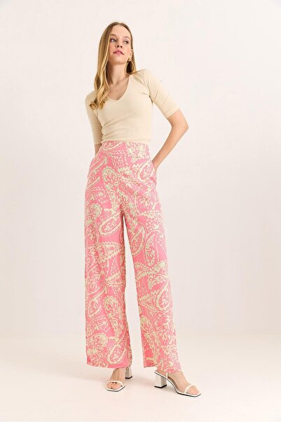 Juuuj Pink Viscose Fabric High Waist Thick Belted Wide Leg Relaxed Cut Patter...